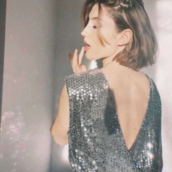 ZARA DRAPED WRAP  SILVER V NECK SEQUIN SHOULDER PADDED DRESS $119 - Picture 4 of 15